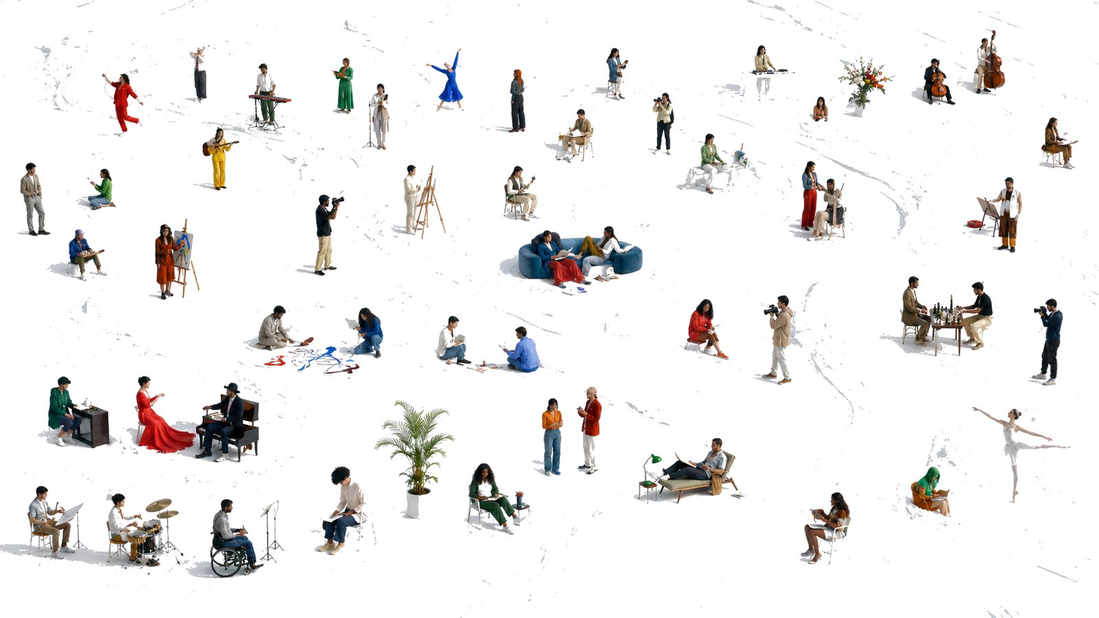 People scattered across a white landscape