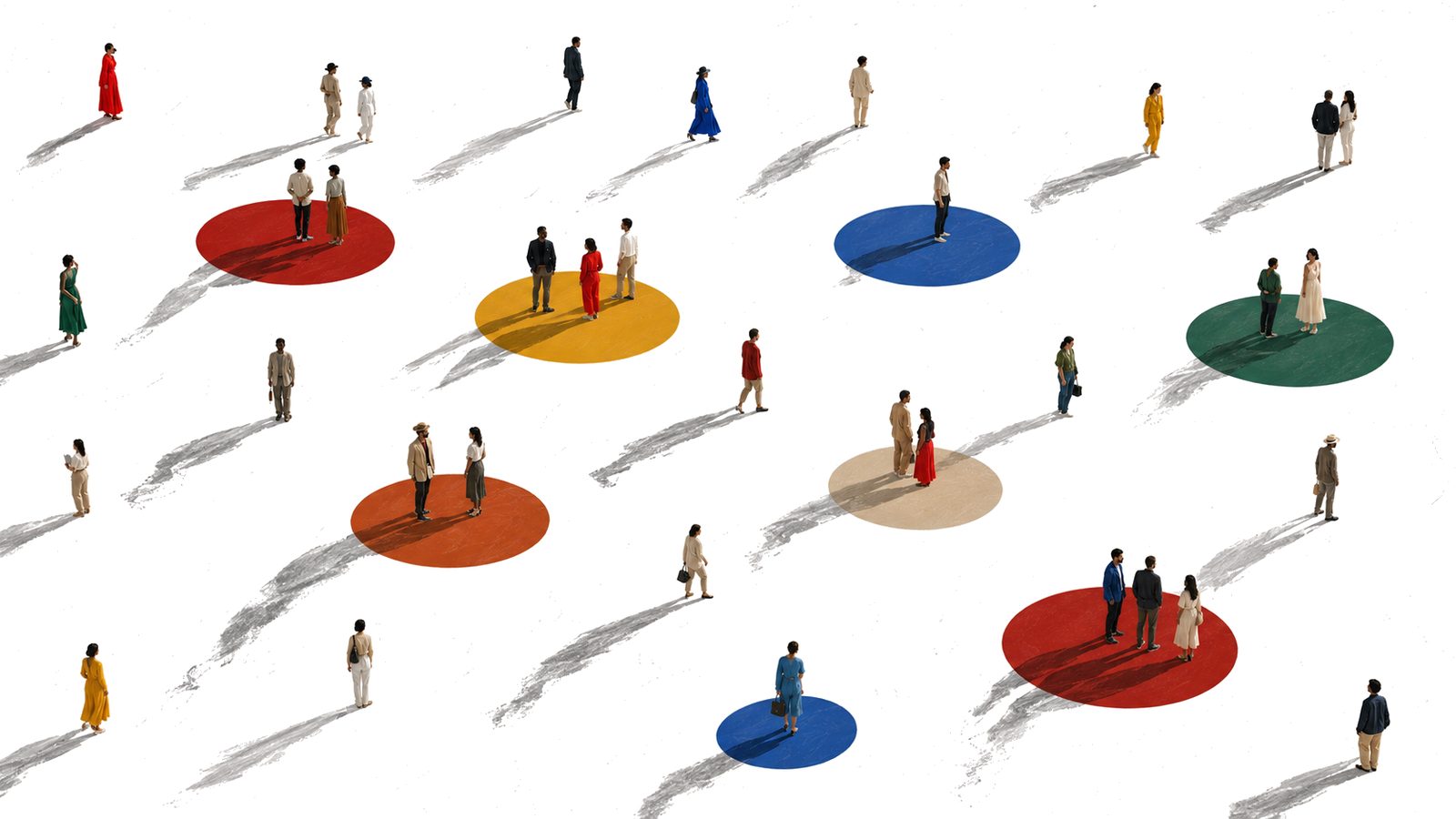 People standing on colored circles